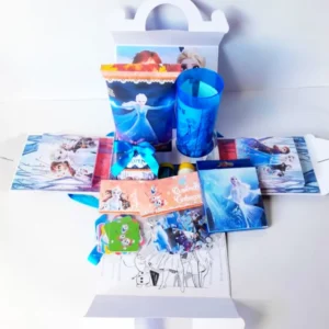 Caixa maleta explosiva personalizada Frozen com Elsa, Anna e castelo de gelo em relevo. Arquivo de corte digital nos formatos Studio e em PDF.