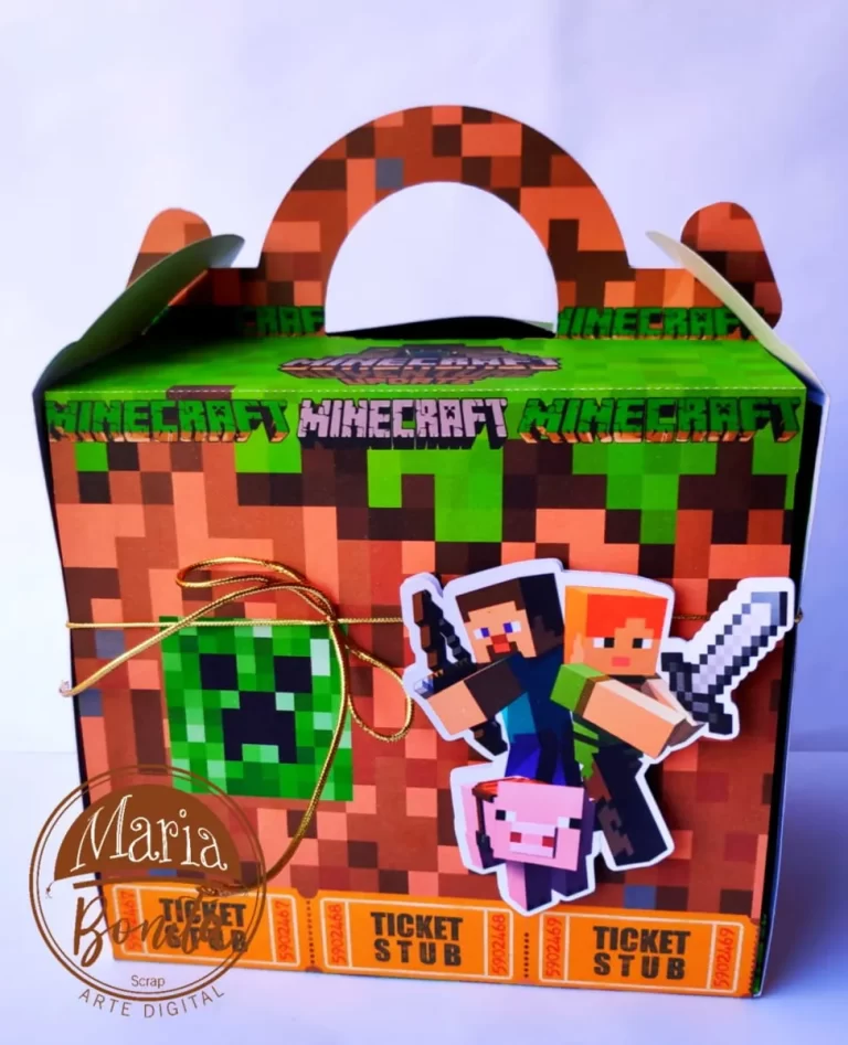 Caixa maleta explosiva personalizada do Minecraft com blocos de pixel, Steve e Creeper em relevo. Arquivo de corte digital nos formatos Studio e em PDF.