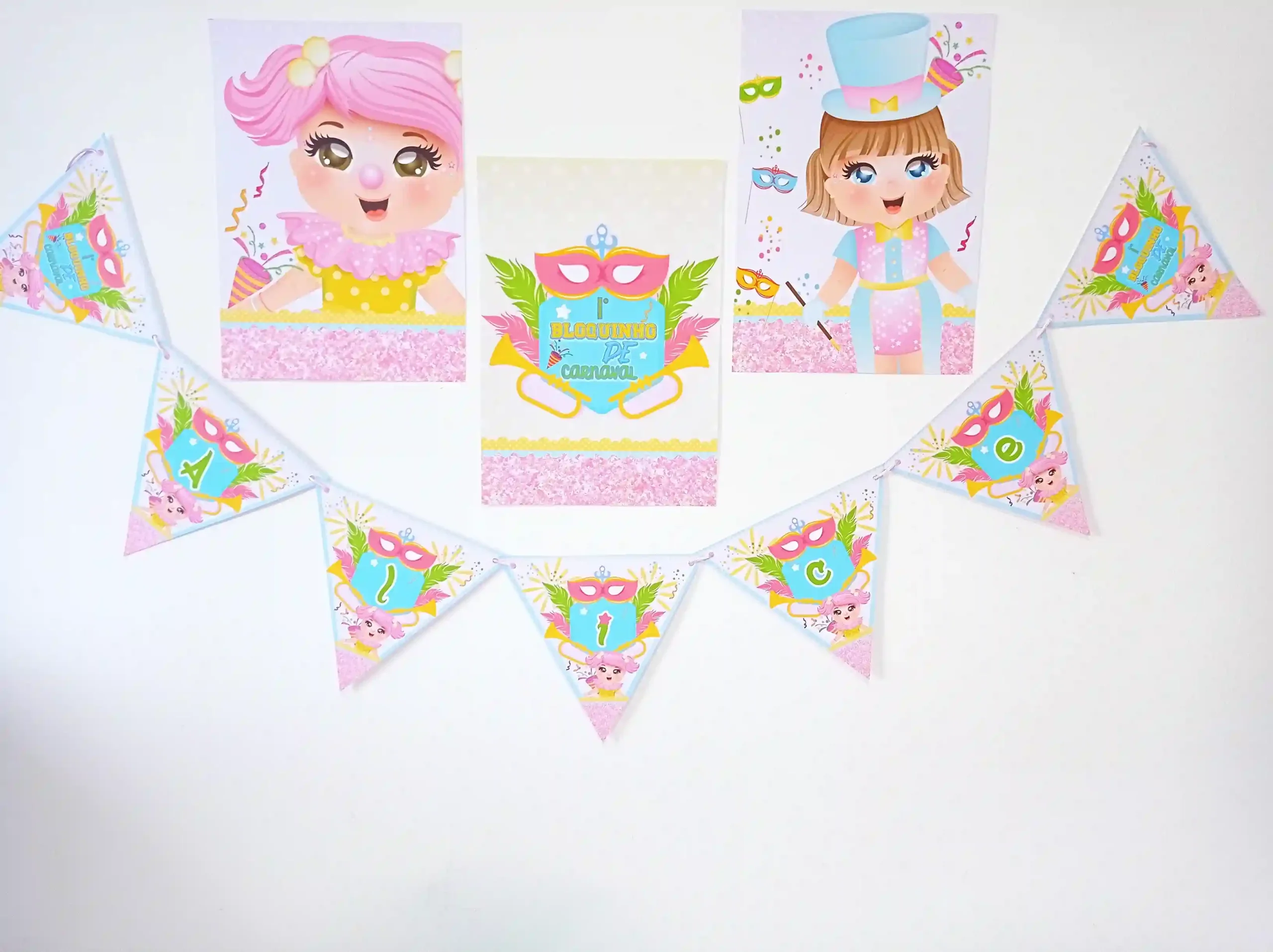 Arte digital para caixas de doces de aniversário infantil com ilustrações de carnaval e confetes. Arquivo digital para corte em Studio, PNG e arquivo PDF.