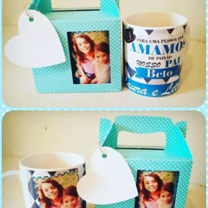 Molde limpo de embalagem personalizada para caneca com visor estruturado. Arquivo de corte digital configurado exclusivamente para Silhouette Studio.