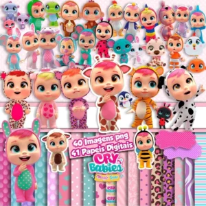 Elementos digitais de Cry Babies Magic Tears com personagens e chupetas em alta resolução. Imagens em formato PNG transparente e papéis em JPG.