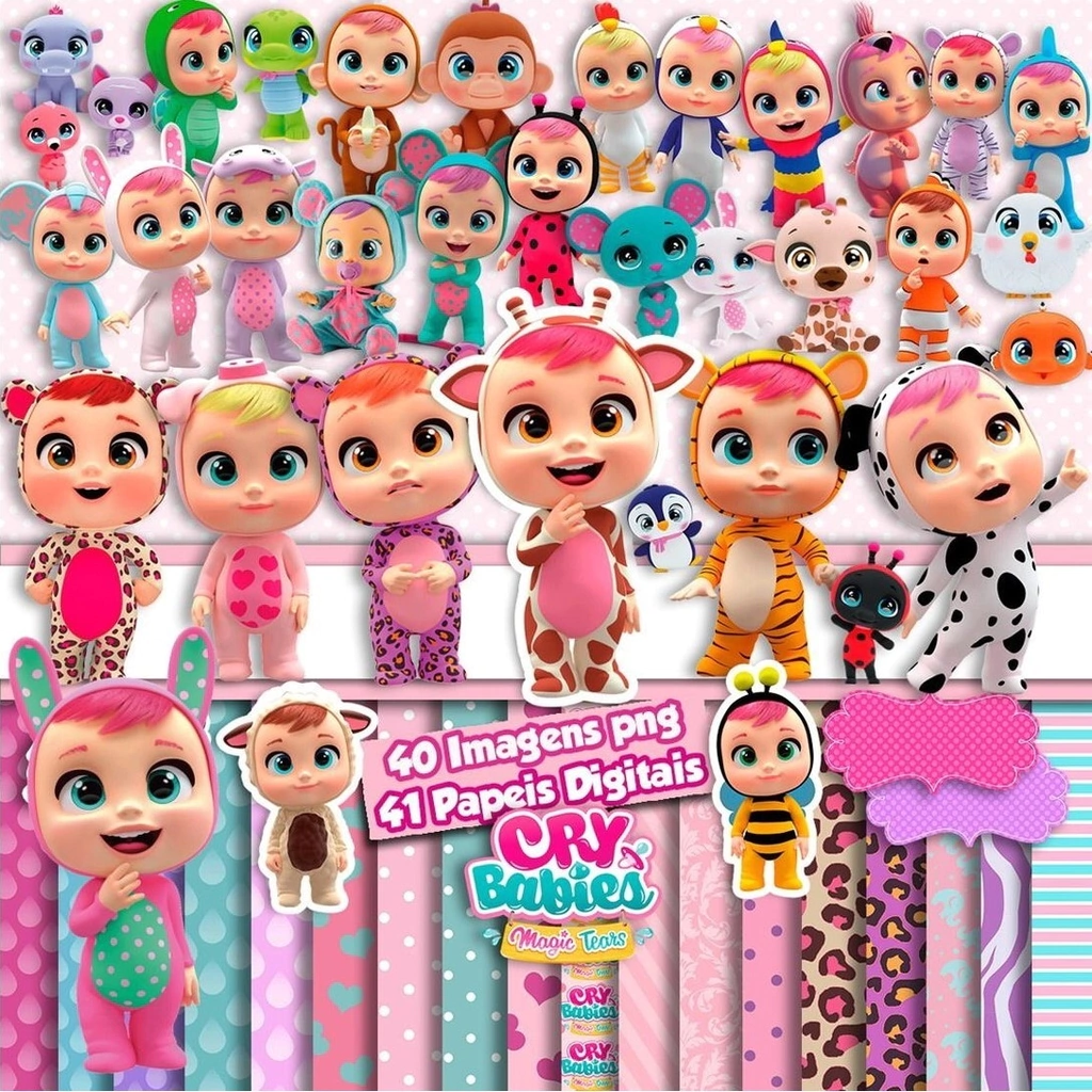 Elementos digitais de Cry Babies Magic Tears com personagens e chupetas em alta resolução. Imagens em formato PNG transparente e papéis em JPG.