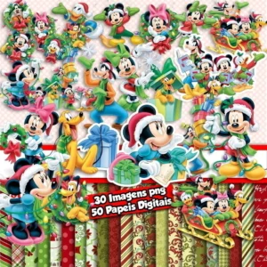 Elementos digitais do Mickey Mouse com gorro de Papai Noel e guirlandas. Imagens em formato PNG com fundo transparente e estampas natalinas em JPG.