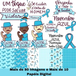 Elementos digitais de Novembro Azul com bigodes, laços e gravatas em alta resolução. Imagens em formato PNG transparente e papéis em JPG.