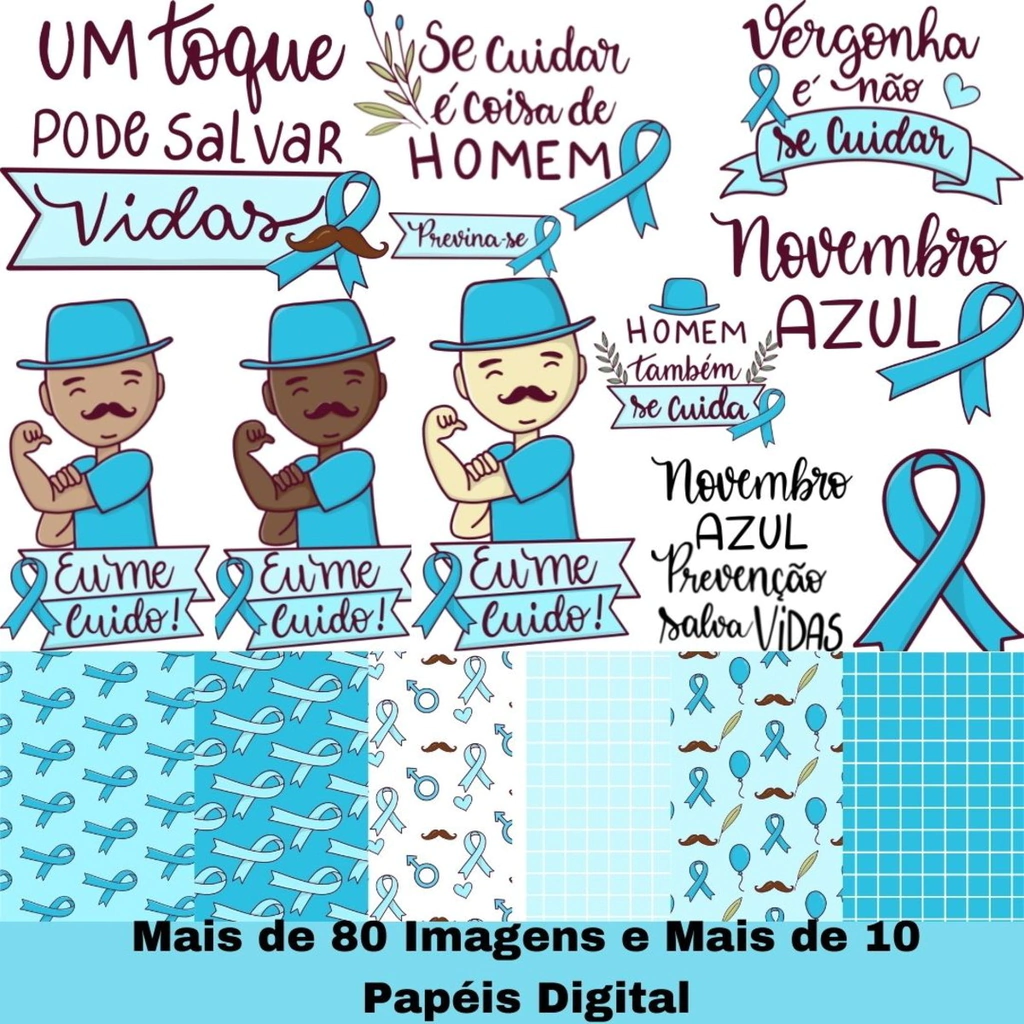 Elementos digitais de Novembro Azul com bigodes, laços e gravatas em alta resolução. Imagens em formato PNG transparente e papéis em JPG.