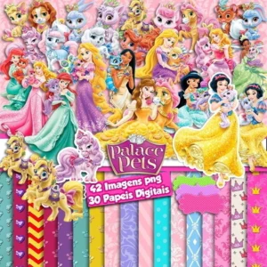 Elementos digitais das Princesas Disney com Cinderela, Ariel, Bela e Jasmine em alta resolução. Imagens em PNG transparente e papéis em JPG.