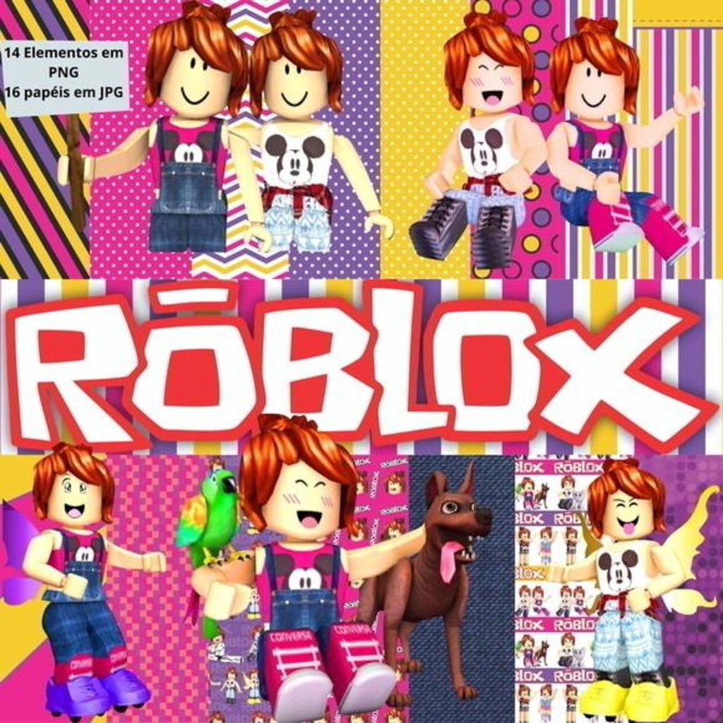 Elementos digitais do Roblox Menina com avatares femininos e acessórios rosa em alta resolução. Imagens em PNG transparente e papéis em JPG.