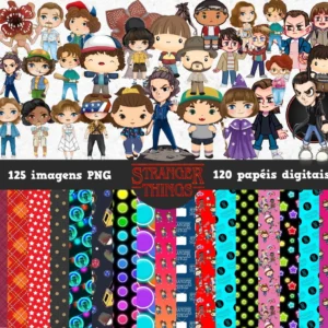 Elementos digitais de Stranger Things em alta resolução. Imagens em formato PNG com fundo transparente e papéis com texturas retro dos anos 80 em JPG.