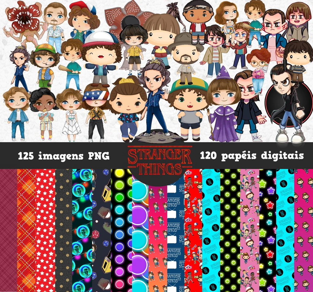 Elementos digitais de Stranger Things em alta resolução. Imagens em formato PNG com fundo transparente e papéis com texturas retro dos anos 80 em JPG.