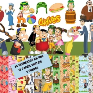 Elementos digitais da Turma do Chaves na vila com o barril em alta resolução. Imagens em formato PNG transparente e papéis estampados em JPG.