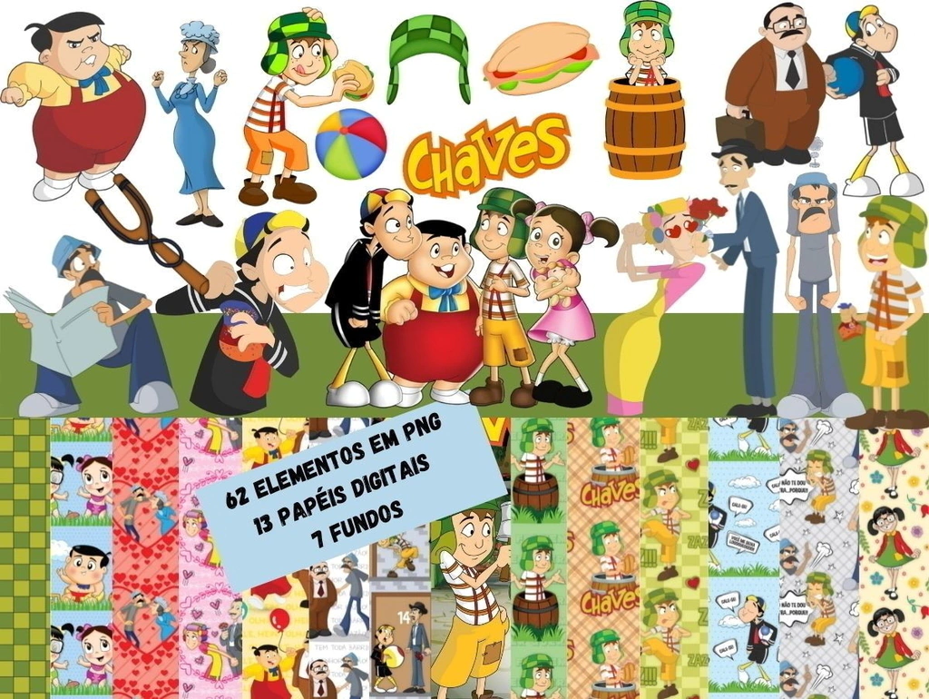 Elementos digitais da Turma do Chaves na vila com o barril em alta resolução. Imagens em formato PNG transparente e papéis estampados em JPG.