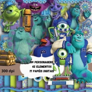 Elementos digitais de Universidade Monstros com Mike Wazowski e Sulley em alta resolução. Imagens em formato PNG transparente e papéis em JPG.