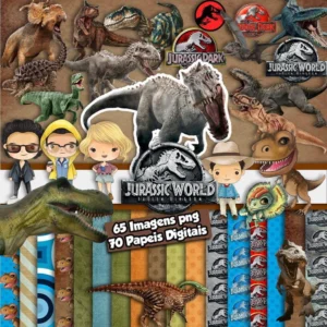 Elementos digitais de Jurassic Park com esqueleto de T-Rex e portão do parque em alta resolução. Imagens em PNG transparente e papéis rústicos em JPG.