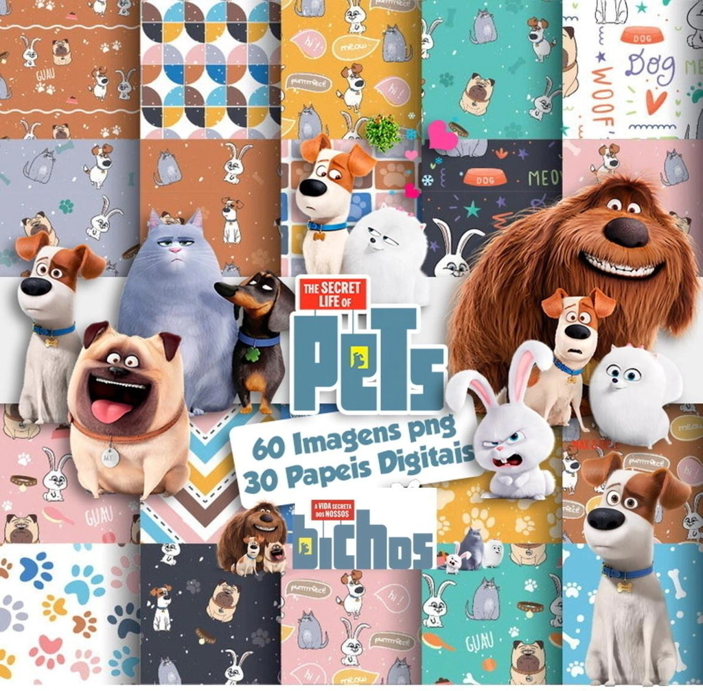 Elementos digitais de Pets A Vida Secreta dos Bichos com Max, Duke e Gigi em alta resolução. Imagens em PNG transparente e papéis em JPG.