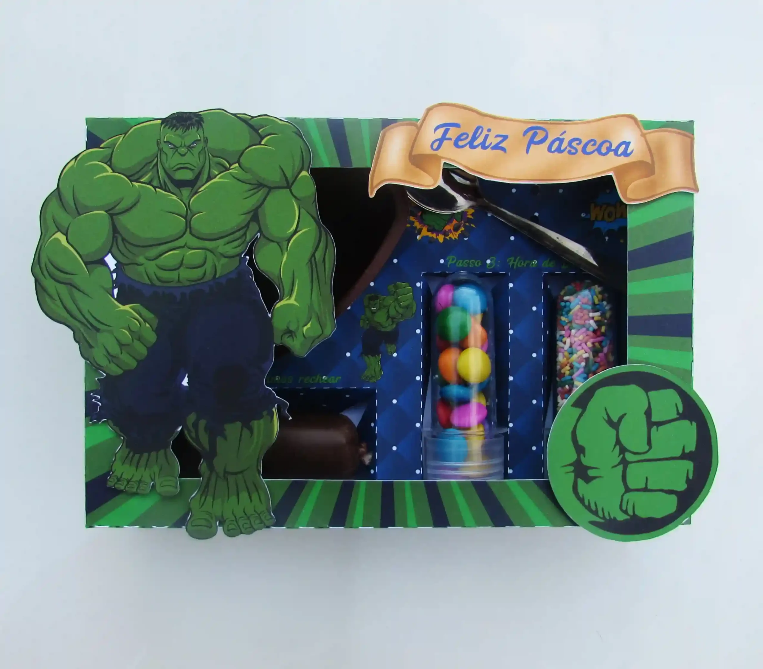 Caixas de Páscoa em camadas com o punho do Hulk e berço para ovos e tubetes. Arquivo digital de corte em formatos Studio e em arquivo PDF.