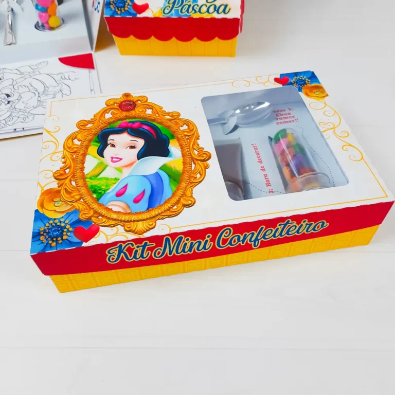 Caixas personalizadas de Páscoa em camadas com orelhas de coelho, maçãs e a Branca de Neve em papelaria. Arquivo digital em formato Studio e PDF.