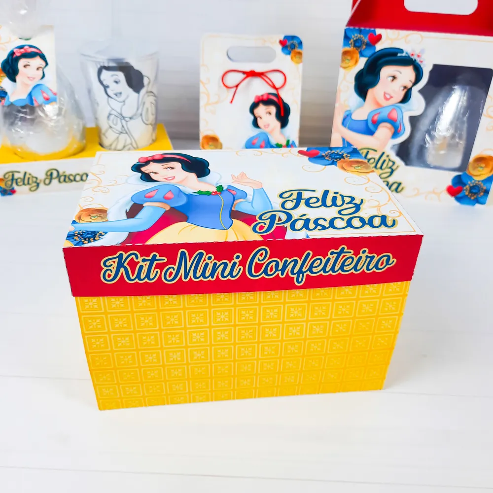 Arte digital para caixas de bombom de aniversário e Páscoa com estampas da Branca de Neve e coelhos. Arquivo de corte digital em Studio e PDF.