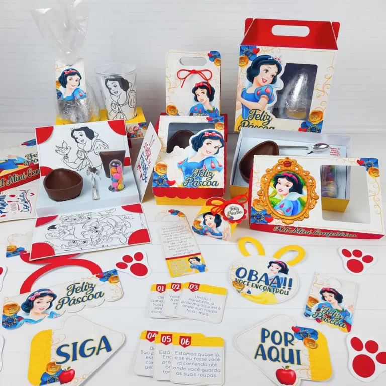 Caixa de Páscoa personalizada da Branca de Neve com silhueta da princesa, maçã vermelha e coelho em relevo. Arquivo digital em Studio e em PDF.