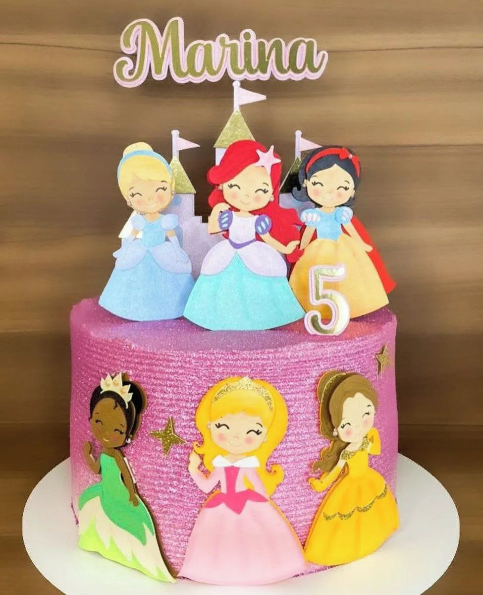 Topper de bolo personalizado com as Princesas Disney e castelo. Arquivo de corte digital para Silhouette Studio ideal para decoração de festa.