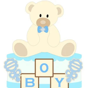Topper de bolo personalizado com ursinho de pelúcia fofo e elementos em tons de azul e nuvens. Arquivo de corte digital para Silhouette Studio.