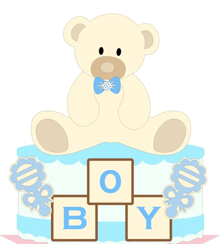 Topper de bolo personalizado com ursinho de pelúcia fofo e elementos em tons de azul e nuvens. Arquivo de corte digital para Silhouette Studio.