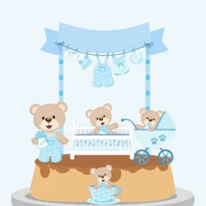 Topper de bolo personalizado de chá de bebê com urso fofo em camadas de papel e nuvens tridimensionais. Arquivo de corte digital para Silhouette Studio.