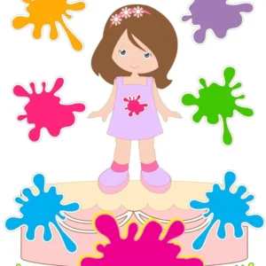 Topper de bolo infantil tema Pintando o Sete versão menina com paleta de cores, pincel e manchas de tinta em camadas tridimensionais de papel.