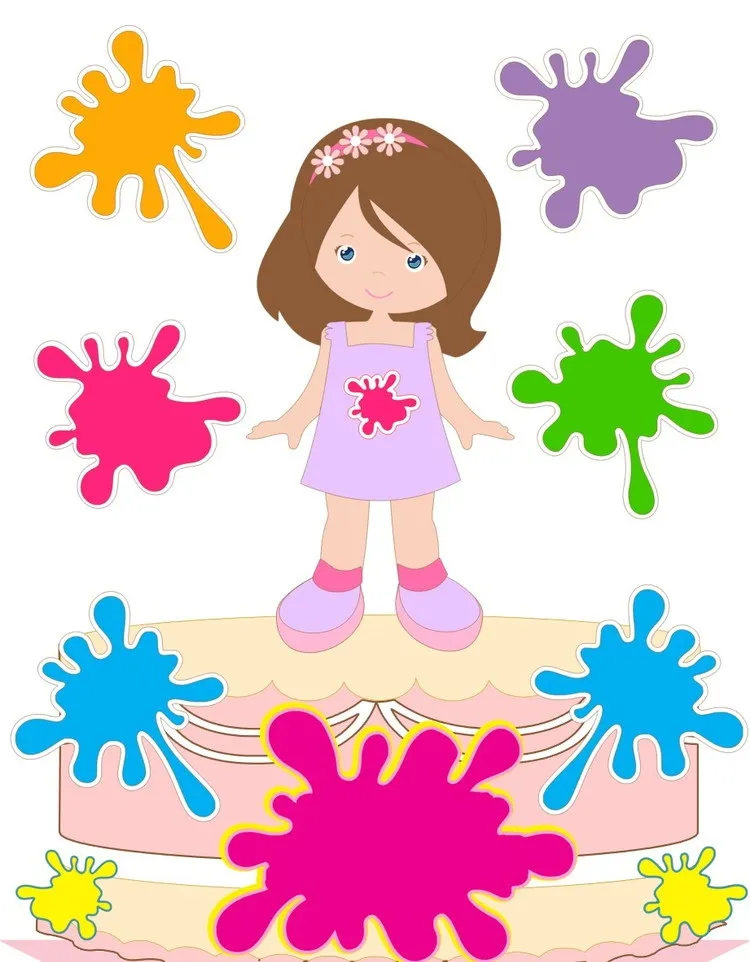 Topper de bolo infantil tema Pintando o Sete versão menina com paleta de cores, pincel e manchas de tinta em camadas tridimensionais de papel.