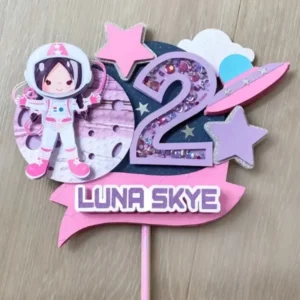 Topo de Bolo Tema Astronauta Rosa Studio