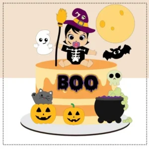 Topper de bolo personalizado com fantasminhas fofos e abóboras baby. Arquivo de corte digital para Silhouette Studio para decoração de festa.