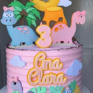 Topper de bolo feminino no tema dinossauro rosa. Arquivo de corte digital para Silhouette Studio, ideal para decoração de festa de aniversário.