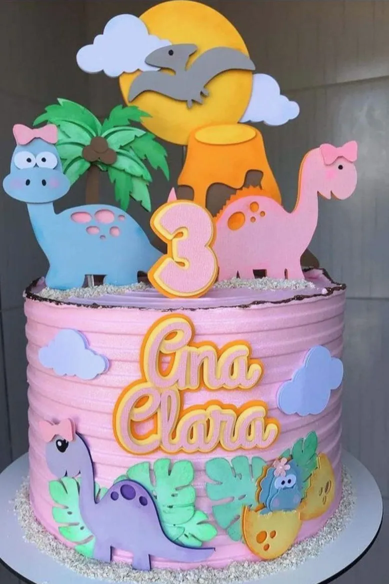 Topper de bolo feminino no tema dinossauro rosa. Arquivo de corte digital para Silhouette Studio, ideal para decoração de festa de aniversário.