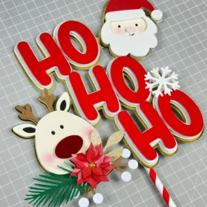 Topper de bolo personalizado com a expressão natalina ho ho ho e elementos do Pai Natal. Arquivo de corte digital para Silhouette Studio para festa.