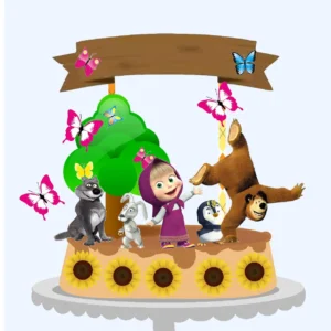 Topper de bolo infantil no tema Masha e o Urso. Arquivo de corte digital para Silhouette Studio, perfeito para decoração de festa de aniversário.
