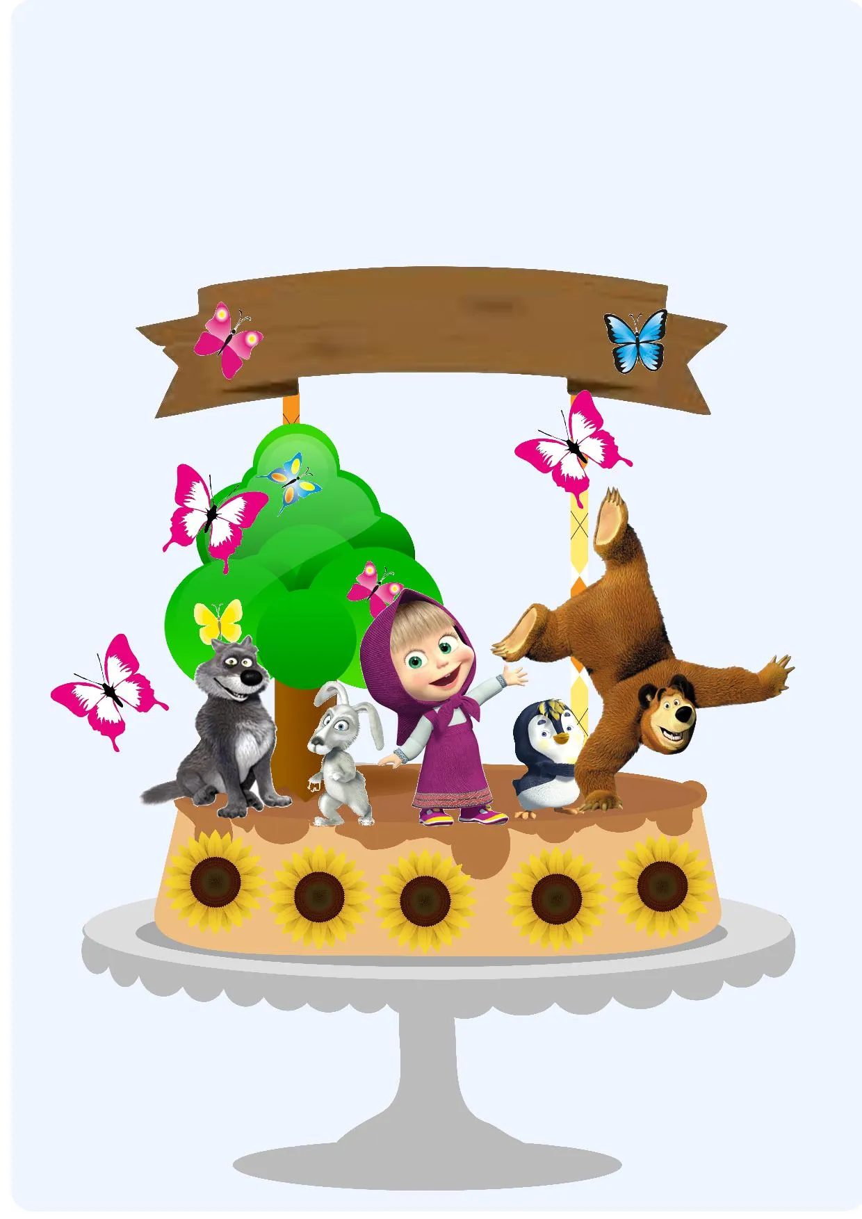 Topper de bolo infantil no tema Masha e o Urso. Arquivo de corte digital para Silhouette Studio, perfeito para decoração de festa de aniversário.