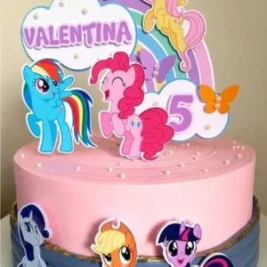 Topper de bolo personalizado My Little Pony com pôneis coloridos e arco-íris em camadas de papel. Arquivo de corte digital para Silhouette Studio.