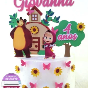 Topper de bolo infantil dos personagens Masha e o Urso. Arquivo de corte digital exclusivo para Silhouette Studio, ideal para decoração de festa.