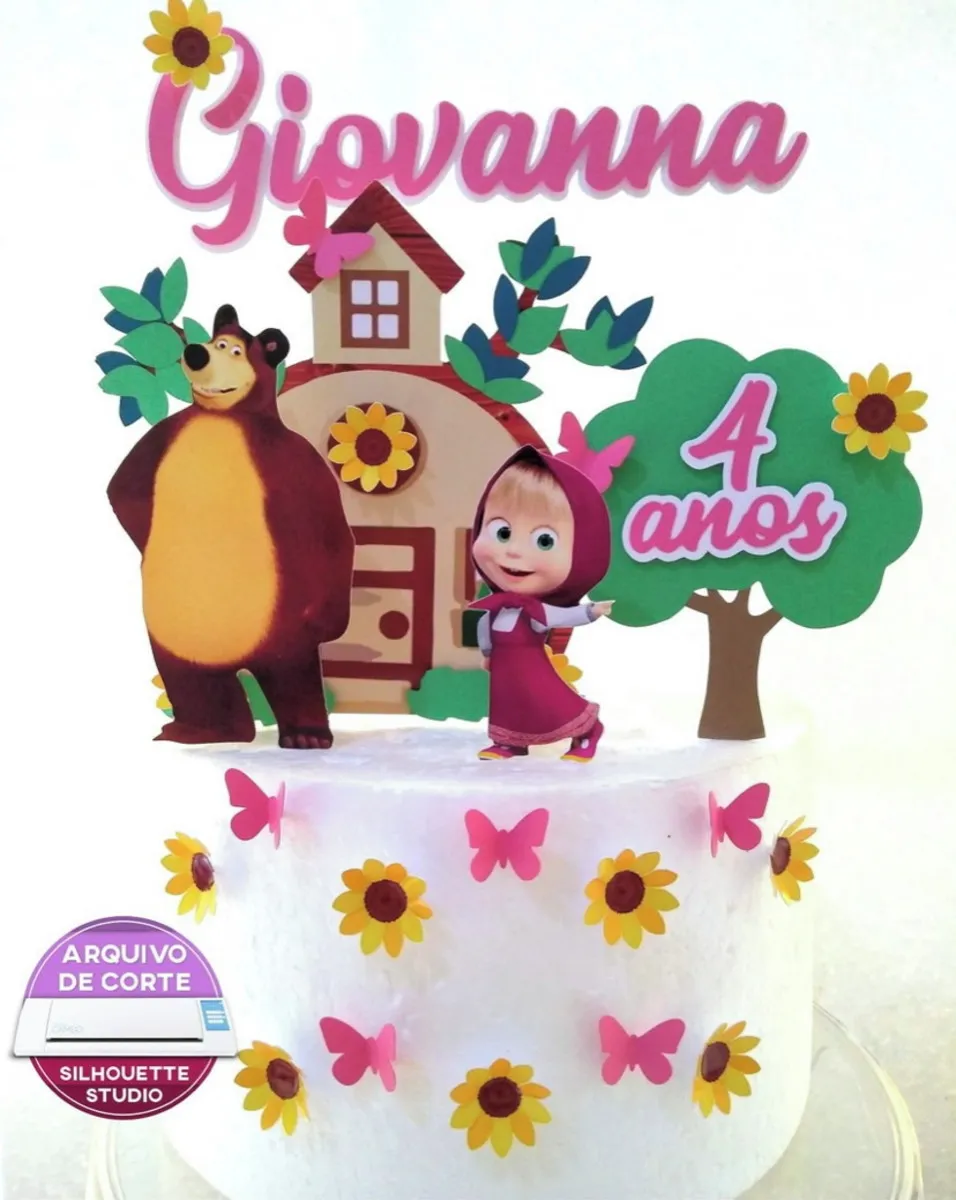 Topper de bolo infantil dos personagens Masha e o Urso. Arquivo de corte digital exclusivo para Silhouette Studio, ideal para decoração de festa.