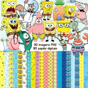 Elementos digitais do Bob Esponja, Patrick e fenda do do biquíni em alta resolução. Imagens em PNG transparente e papéis fundo do mar em JPG.