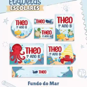 Cartela de adesivo escolar no tema Fundo do Mar nos formatos Studio, PNG e PDF em alta resolução para cadernos.
