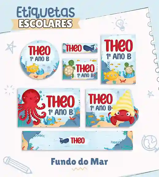 Cartela de adesivo escolar no tema Fundo do Mar nos formatos Studio, PNG e PDF em alta resolução para cadernos.