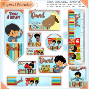 Cartela de adesivos escolares no tema 3 Palavrinhas nos formatos Studio, PNG, CDR e PDF em alta resolução para cadernos.