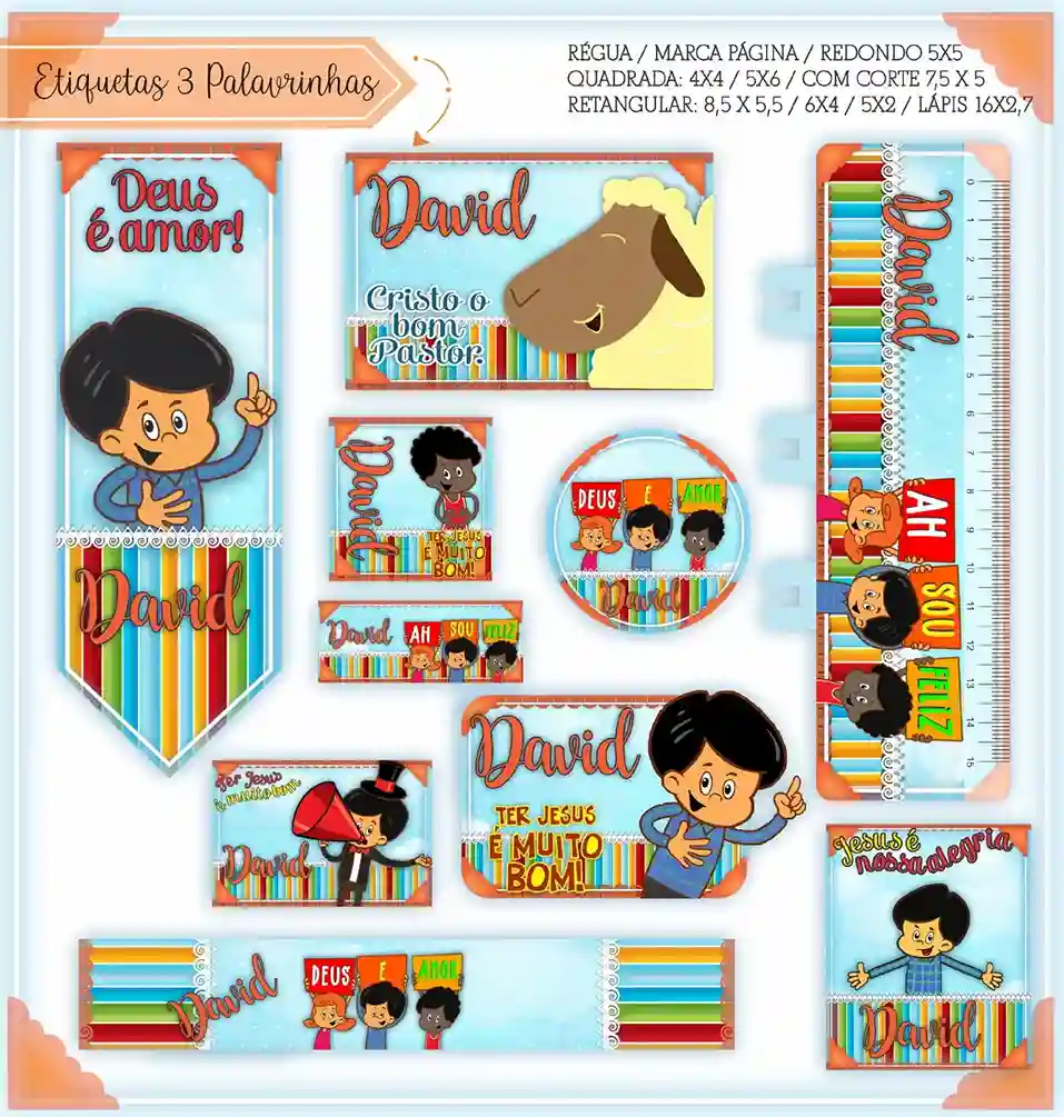 Cartela de adesivos escolares no tema 3 Palavrinhas nos formatos Studio, PNG, CDR e PDF em alta resolução para cadernos.