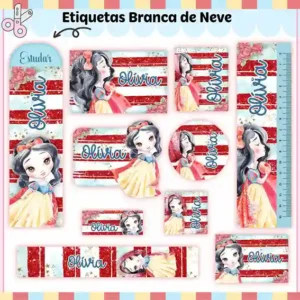 Cartela de adesivo escolar no tema Branca de Neve nos formatos Studio, PNG e PDF em alta resolução para cadernos.