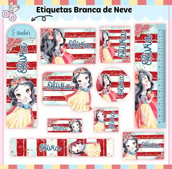 Cartela de adesivo escolar no tema Branca de Neve nos formatos Studio, PNG e PDF em alta resolução para cadernos.