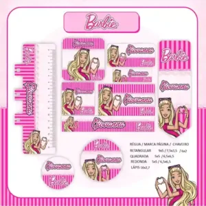 Adesivo escolar digital Barbie para imprimir em etiqueta para caderno e lápis para editar e organizar