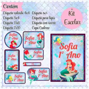 Adesivo escolar digital Pequena Sereia Ariel em etiqueta para caderno e lápis para imprimir e editar