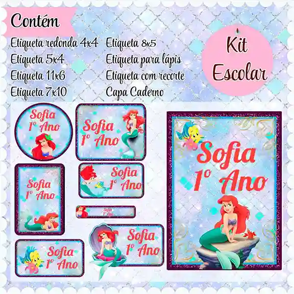 Adesivo escolar digital Pequena Sereia Ariel em etiqueta para caderno e lápis para imprimir e editar