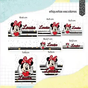 Adesivo escolar digital personalizado Minnie em etiqueta para caderno e lápis para imprimir e editar