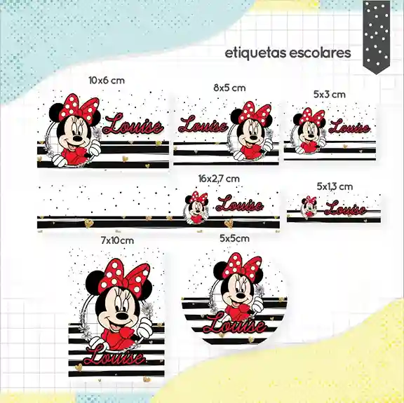 Adesivo escolar digital personalizado Minnie em etiqueta para caderno e lápis para imprimir e editar